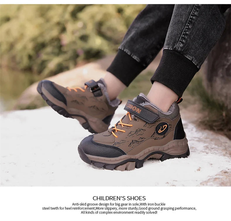 CINESSD Stylish Winter Camp Boys Mountain Climbing Shoes-Durable Hook & Loop Sports Sneakers for Adventurous Kids.