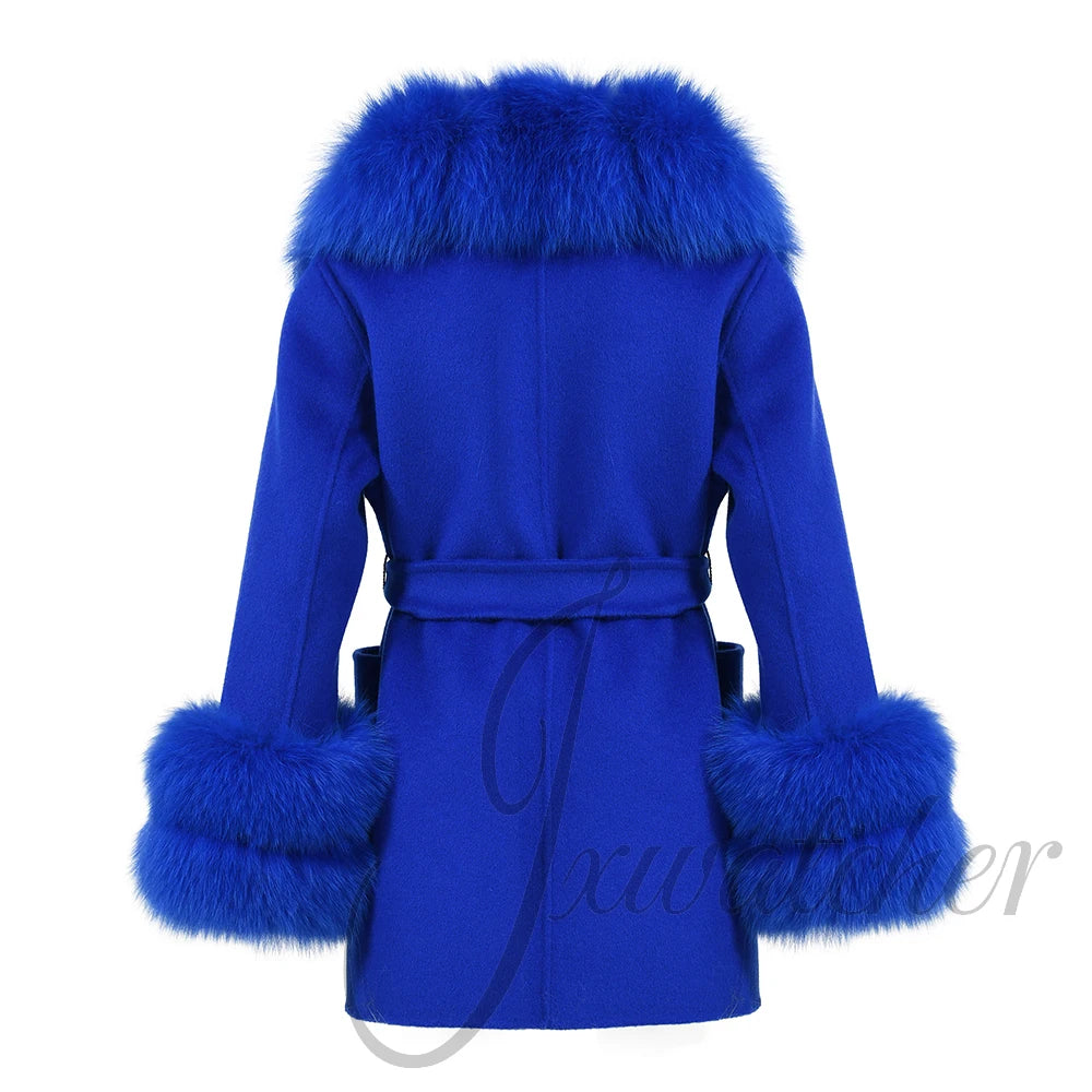 Jxwatcher Girls' Cashmere Wool Winter Coat with Luxurious Real Fox Fur Collar-Mid-Length Fashion Overcoat for Autumn & Casual Wear.