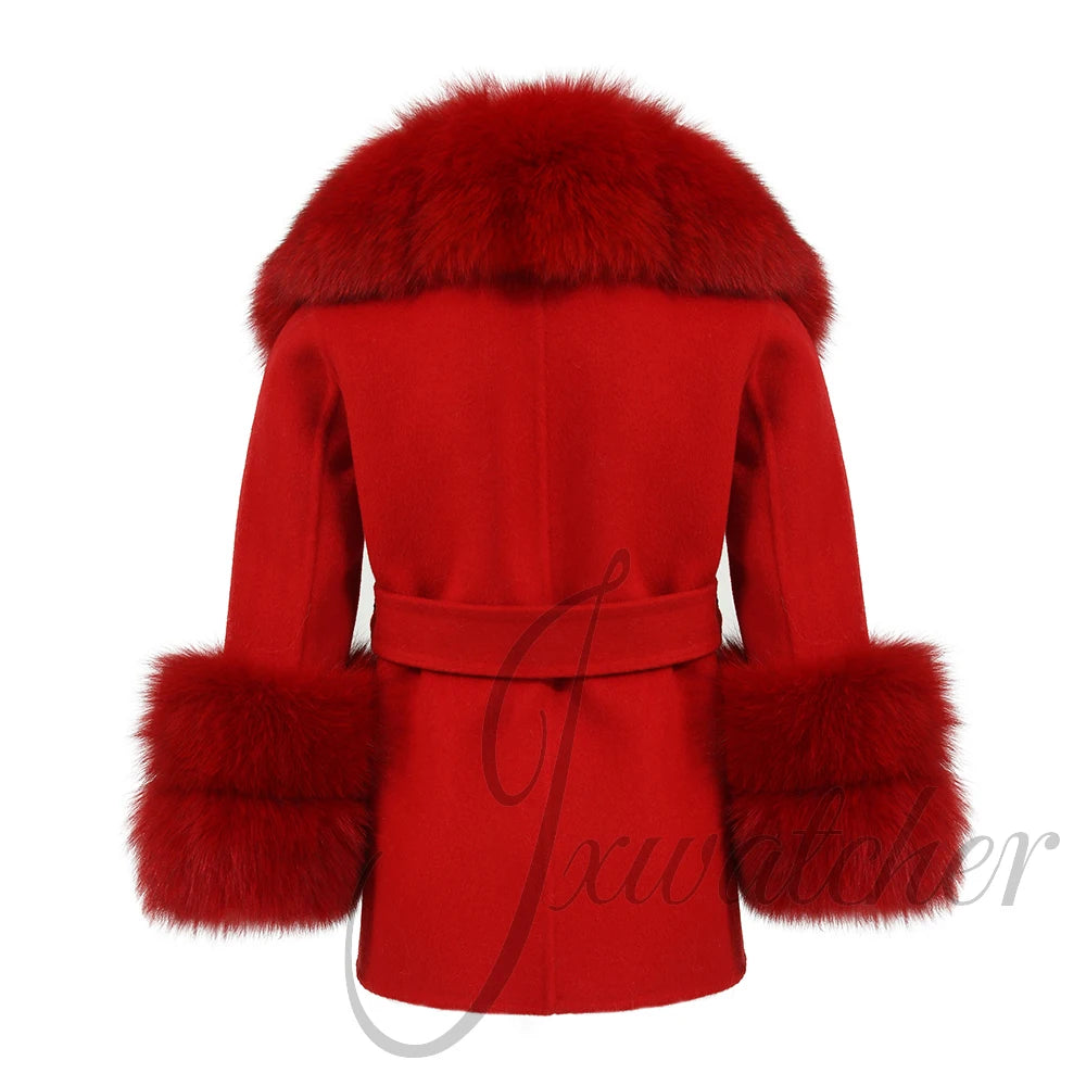 Jxwatcher Girls' Cashmere Wool Winter Coat with Luxurious Real Fox Fur Collar-Mid-Length Fashion Overcoat for Autumn & Casual Wear.