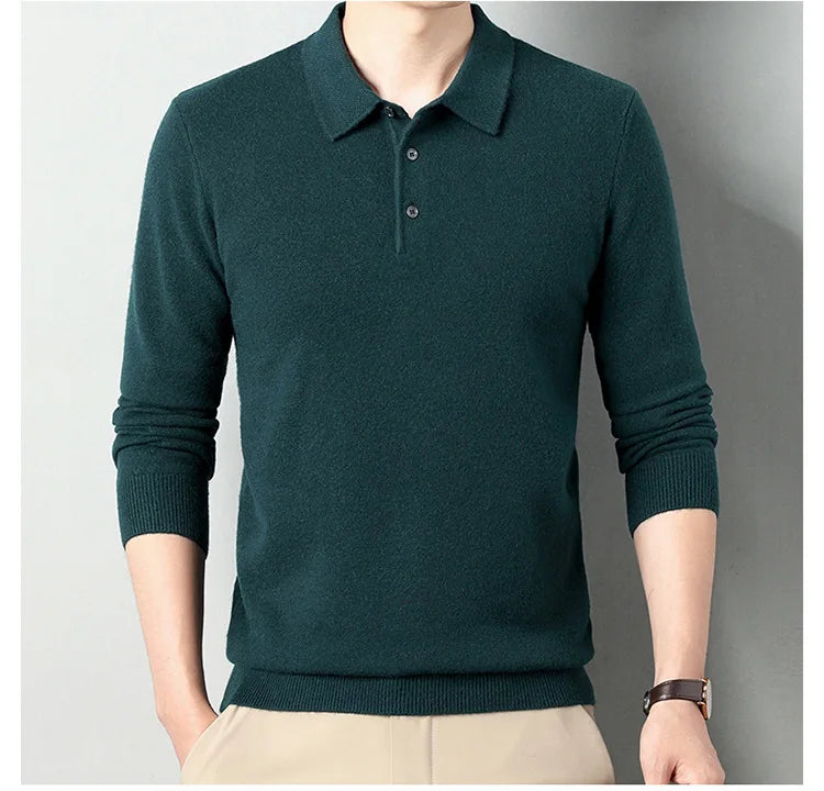 Autumn and Winter New Men's 100 Pure Wool Sweater Lapel Pullover T-shirt Polo Collar Wool Knitted Long Sleeve Fashion Sweater