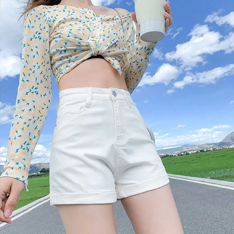 Women Trendy Summer High Waist Denim Solid Simple Shorts.