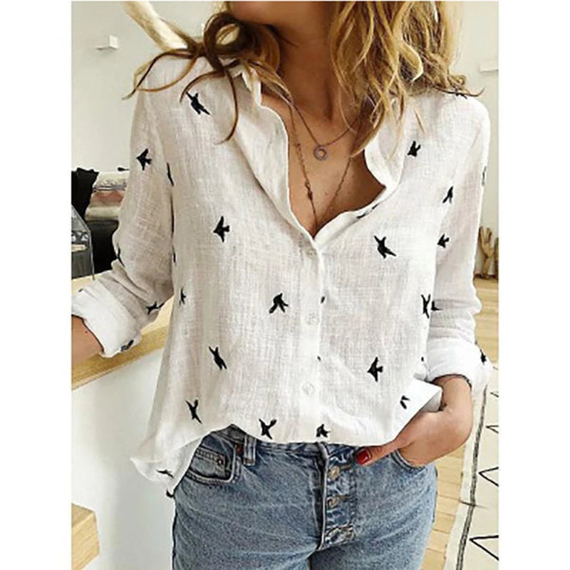 Women Elegant Cotton Linen Spring Summer Long Sleeve Tunic Blouse Shirts.