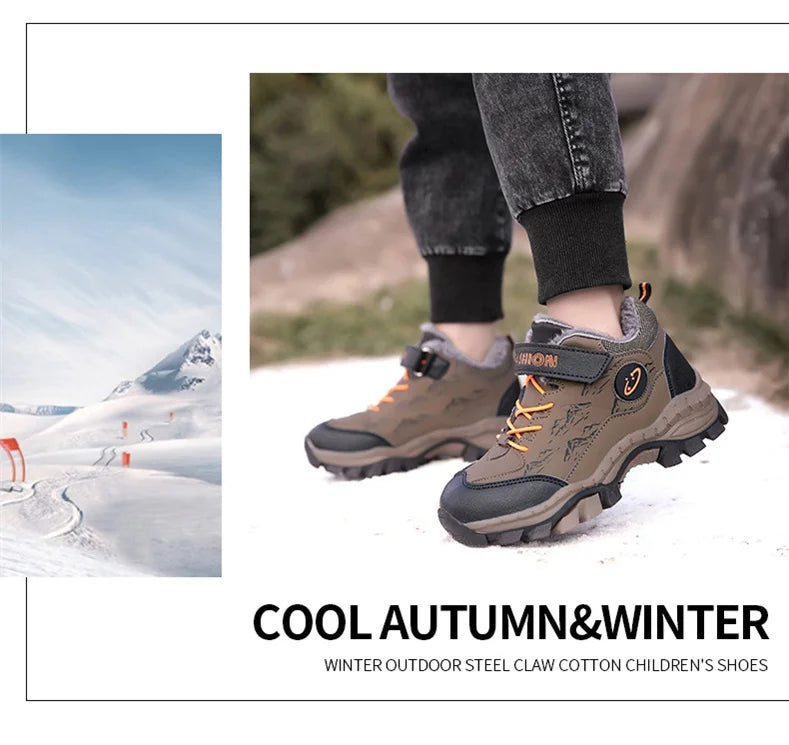 CINESSD Stylish Winter Camp Boys Mountain Climbing Shoes-Durable Hook & Loop Sports Sneakers for Adventurous Kids.