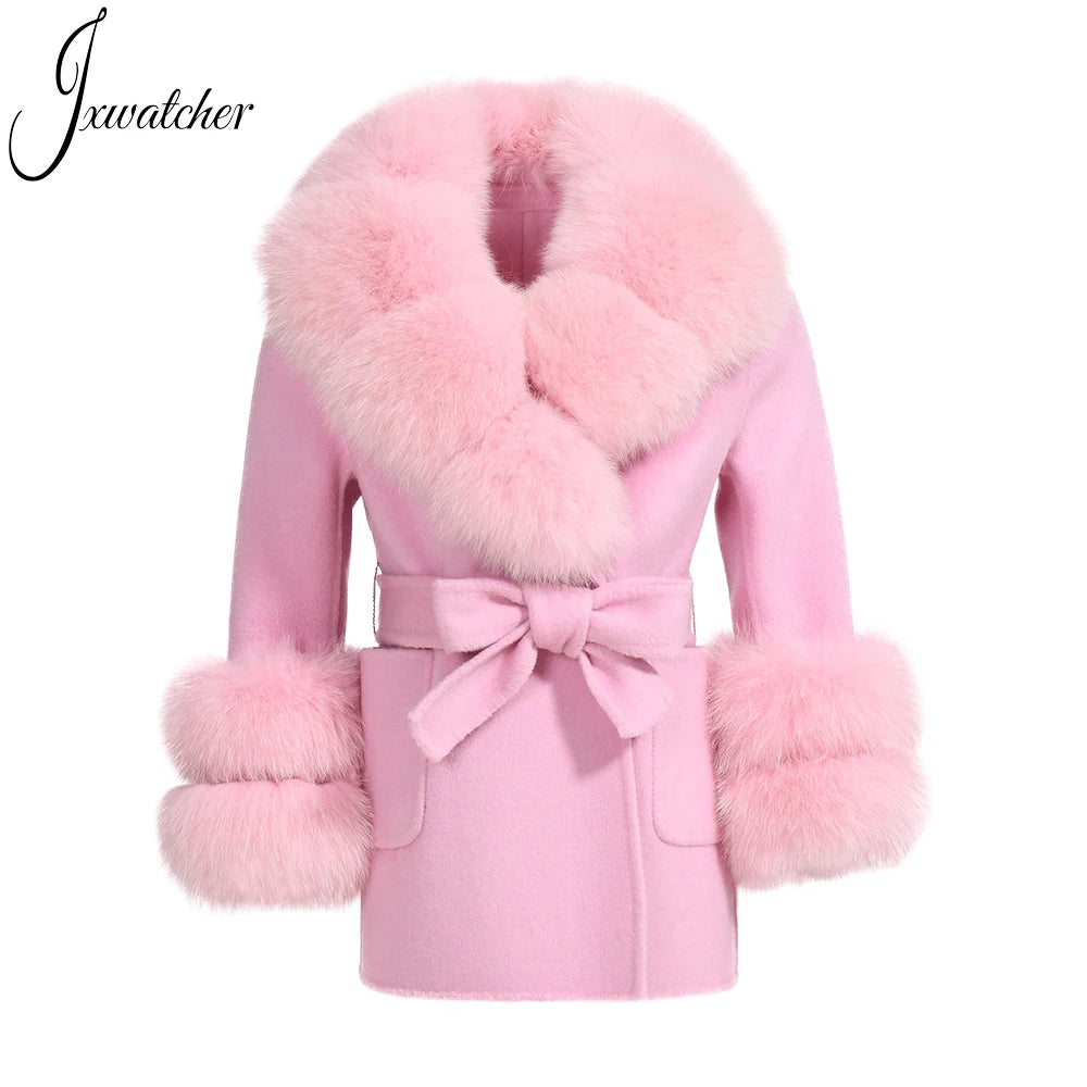 Jxwatcher Girls' Cashmere Wool Winter Coat with Luxurious Real Fox Fur Collar-Mid-Length Fashion Overcoat for Autumn & Casual Wear.