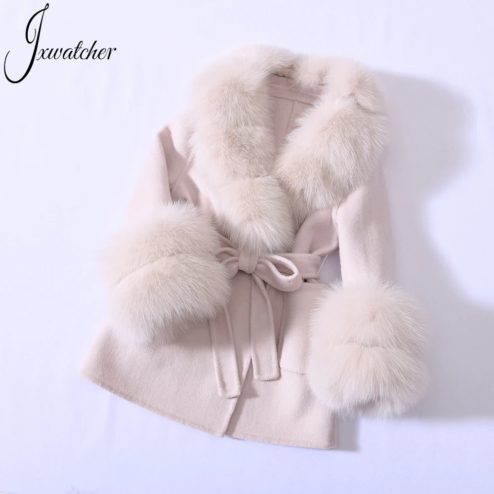 Jxwatcher Girls' Cashmere Wool Winter Coat with Luxurious Real Fox Fur Collar-Mid-Length Fashion Overcoat for Autumn & Casual Wear.