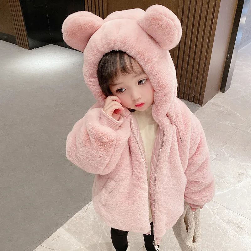 Cute Big Ear Plush Hooded Baby Jacket-Warm Faux Fur Coat for Girls ( Ages 1-5 )-Perfect Autumn & Winter Outerwear.