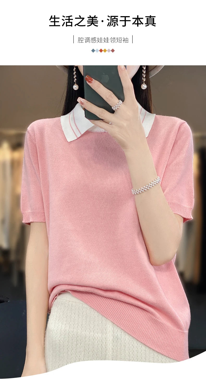 New 100% Pure Cotton Knit Casual Doll collar Pullover Short Women's T-shirt Summer sleeved POLO Neck Loose Fashion Top T-shirt