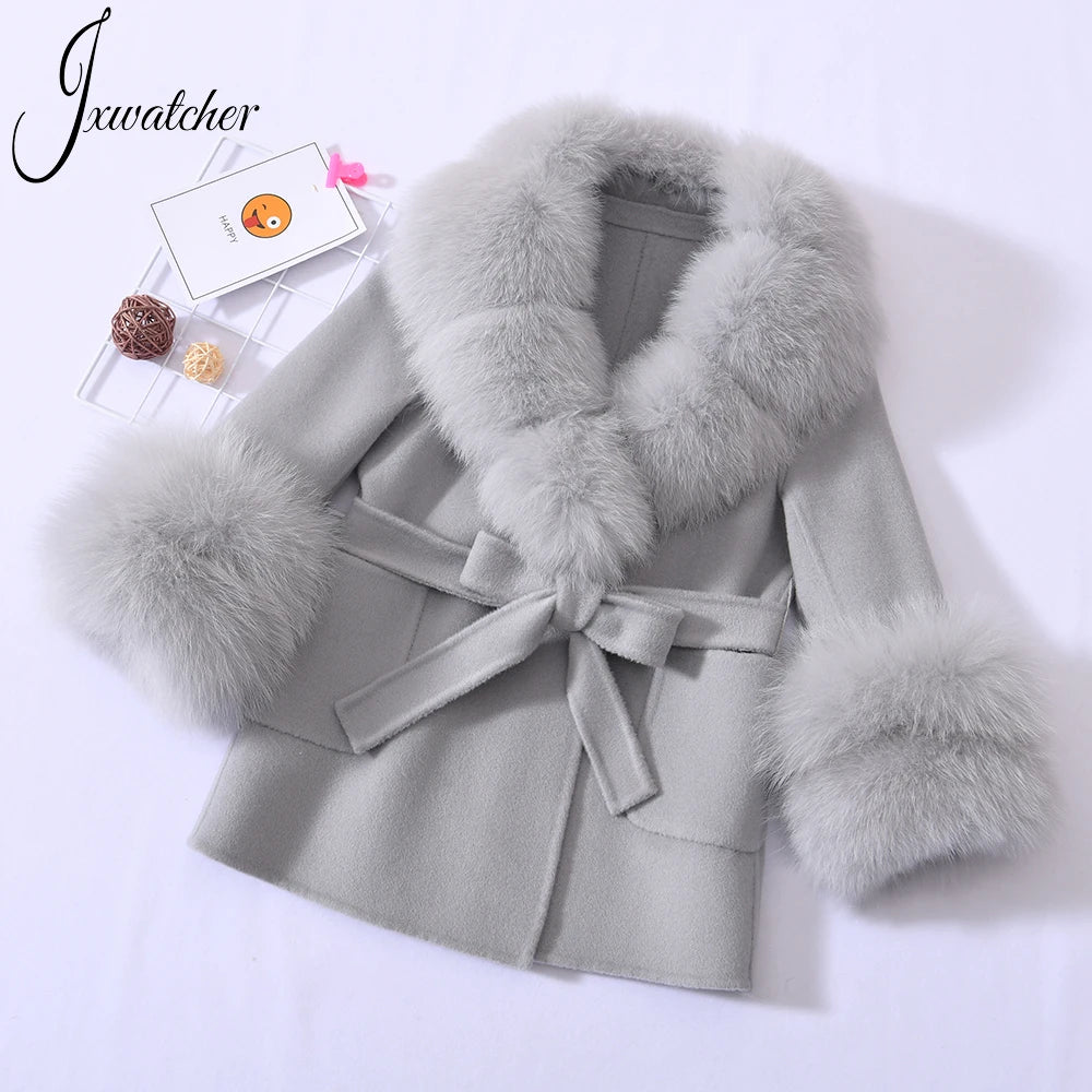 Jxwatcher Girls' Cashmere Wool Winter Coat with Luxurious Real Fox Fur Collar-Mid-Length Fashion Overcoat for Autumn & Casual Wear.