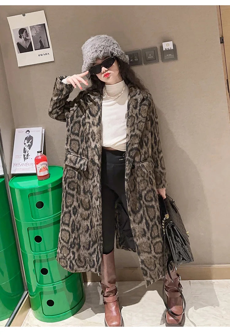 Macamp Teenage Girls' Chic Leopard Print Tweed Coat-Cozy & Stylish Long Outerwear for Autumn/Winter 2023