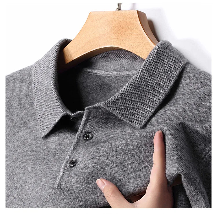 Autumn and Winter New Men's 100 Pure Wool Sweater Lapel Pullover T-shirt Polo Collar Wool Knitted Long Sleeve Fashion Sweater