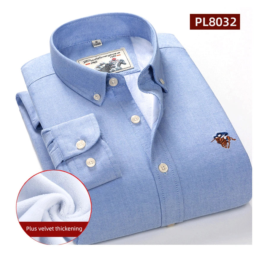 Warm 100% Cotton Men's Shirts Plus Size 8XL Long Sleeve for Office Polo Soft Striped Top with Plush Thickening for Winter