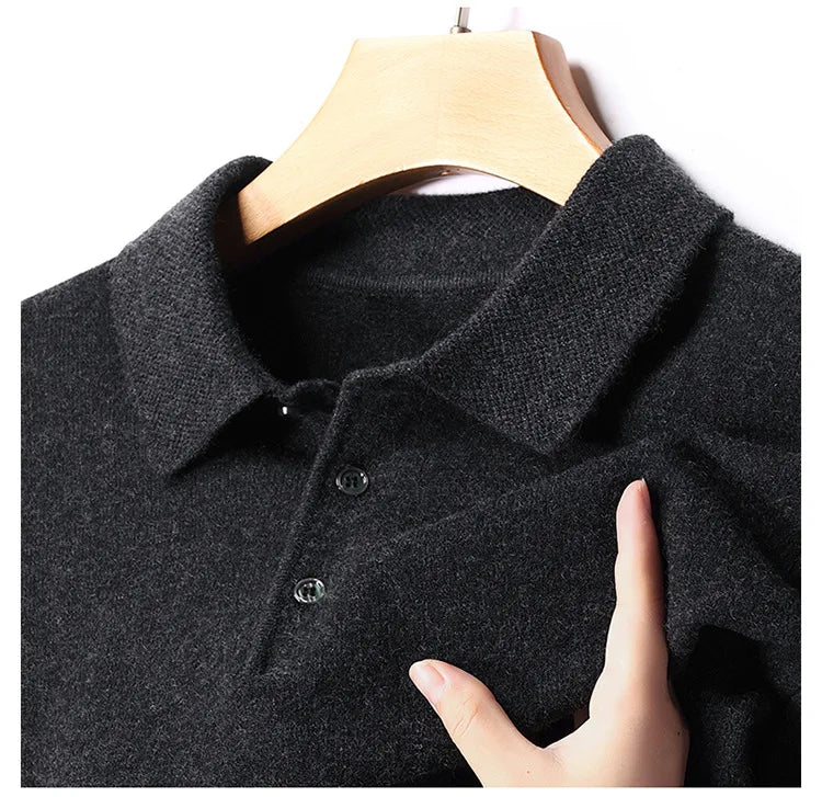 Autumn and Winter New Men's 100 Pure Wool Sweater Lapel Pullover T-shirt Polo Collar Wool Knitted Long Sleeve Fashion Sweater