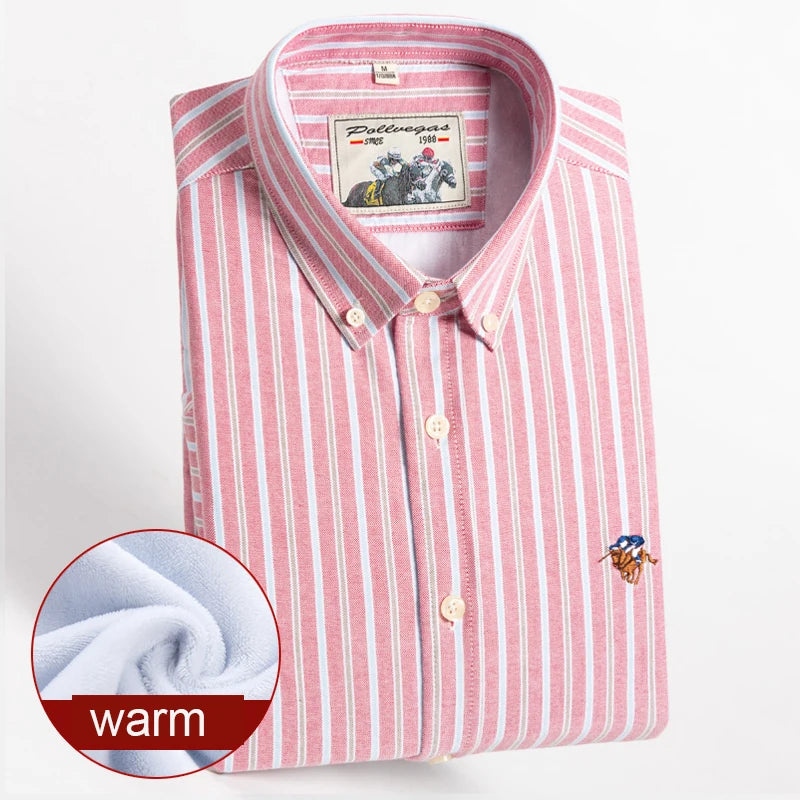 Warm 100% Cotton Men's Shirts Plus Size 8XL Long Sleeve for Office Polo Soft Striped Top with Plush Thickening for Winter