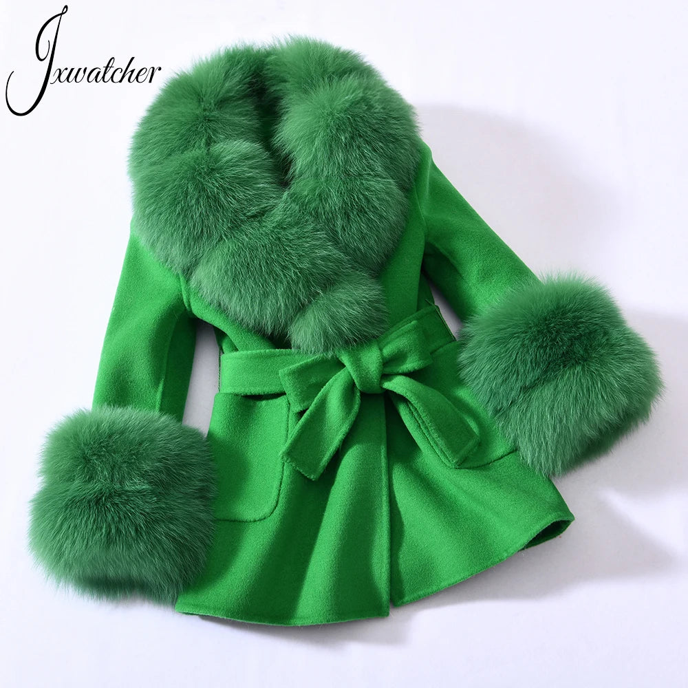 Jxwatcher Girls' Cashmere Wool Winter Coat with Luxurious Real Fox Fur Collar-Mid-Length Fashion Overcoat for Autumn & Casual Wear.