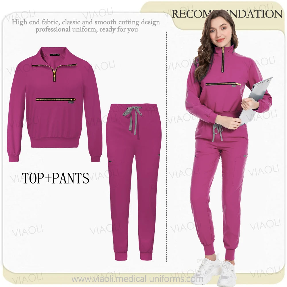 VIAOL High-Performance Medical Scrubs-Long Sleeve Jacket & Jogging Pants Set.