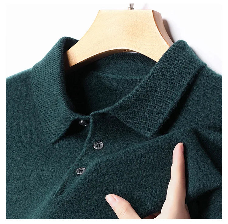 Autumn and Winter New Men's 100 Pure Wool Sweater Lapel Pullover T-shirt Polo Collar Wool Knitted Long Sleeve Fashion Sweater