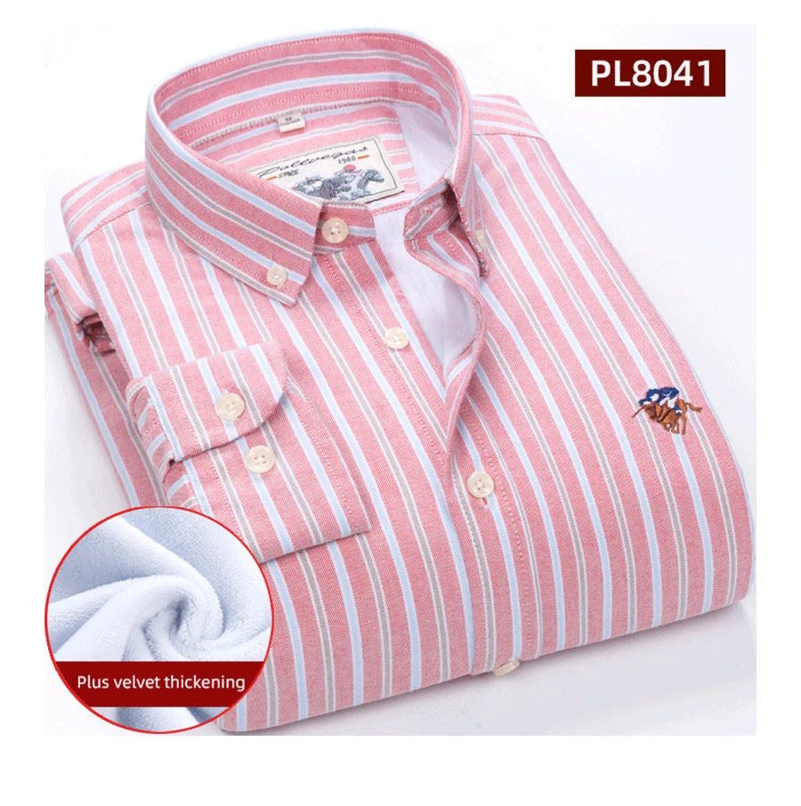 Warm 100% Cotton Men's Shirts Plus Size 8XL Long Sleeve for Office Polo Soft Striped Top with Plush Thickening for Winter