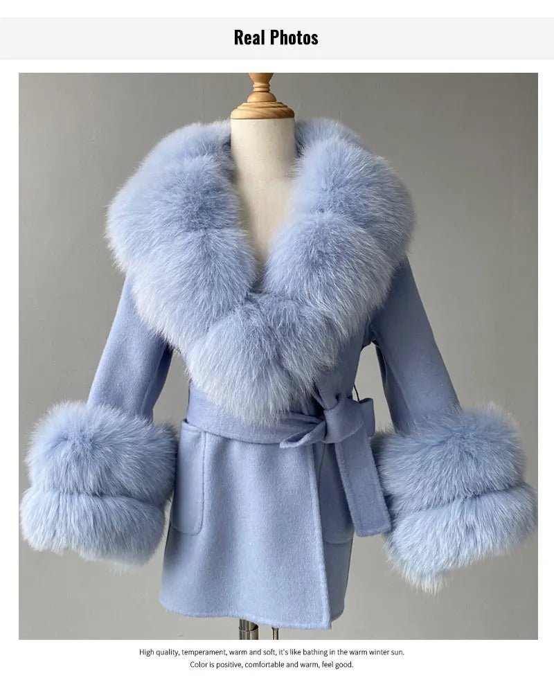 Jxwatcher Girls' Cashmere Wool Winter Coat with Luxurious Real Fox Fur Collar-Mid-Length Fashion Overcoat for Autumn & Casual Wear.