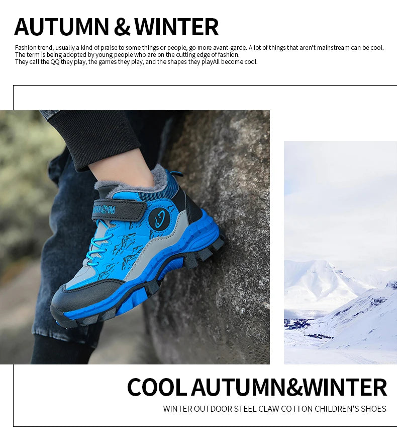 BOELOKTH Stylish Winter Boy Boots-Non-Slip Plush Sneakers for Kids / Cozy Snow & Hiking Shoes for Outdoor Adventures.