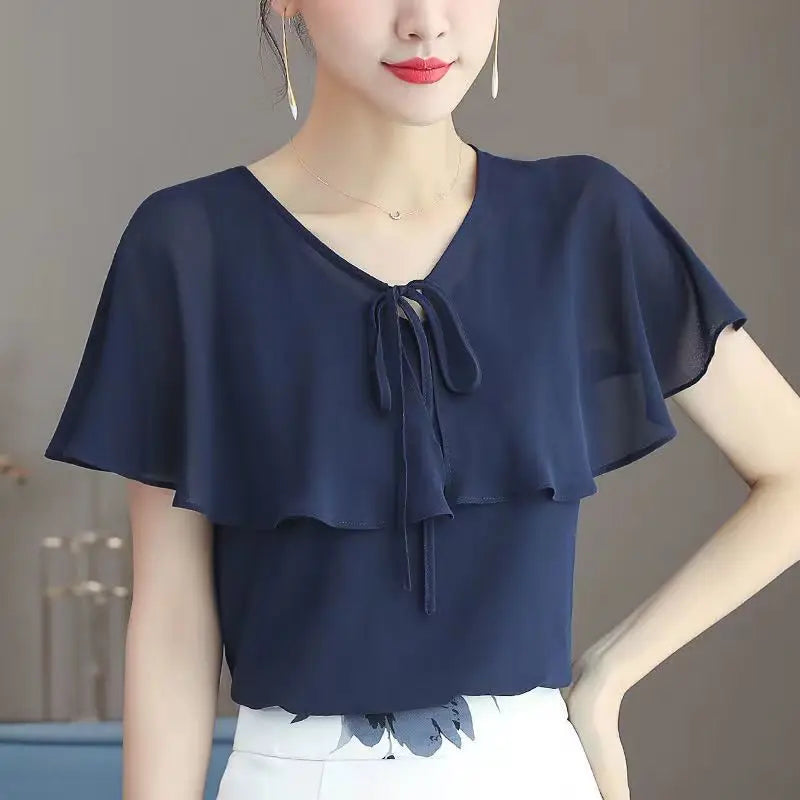 Elegant V-Neck Ruffles Lace Up Bow Oversized Chiffon Summer Blouse.