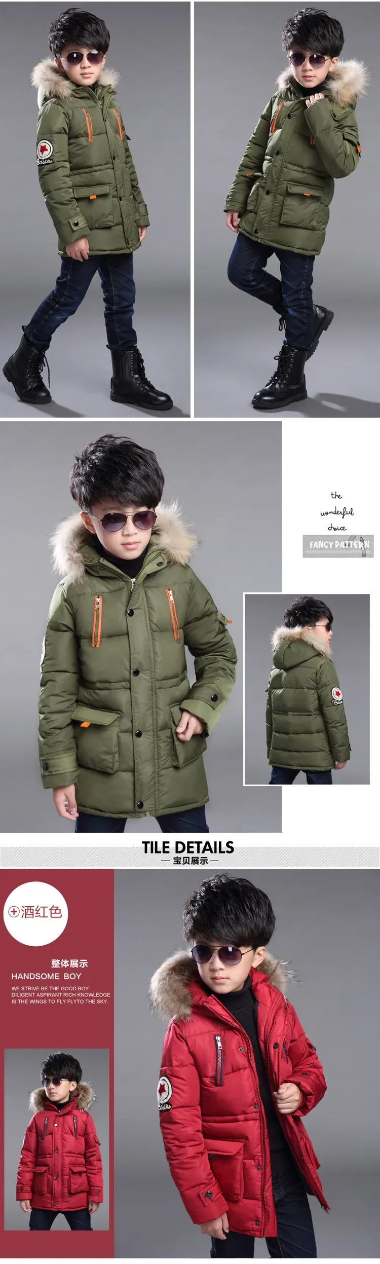 NoEnName_Null Boys' Hooded Plus Velvet Jacket-Warm Mid-Length Coat for Ages 4-10.