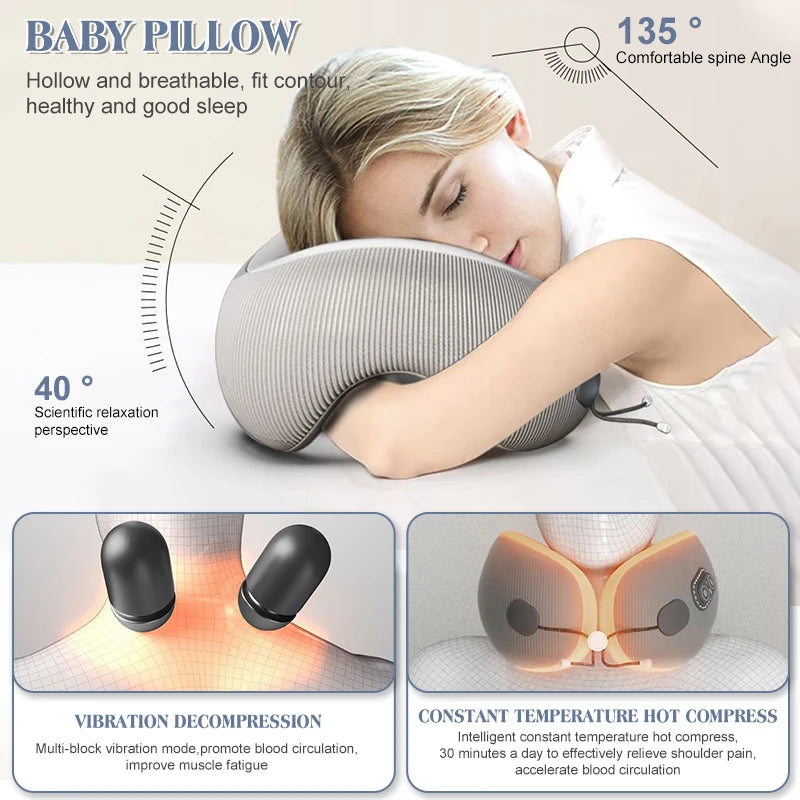 Portable U-Shaped Travel Pillows For Airplanes 3mode Heated Massage Memory Foam Ergonomic Neck Pillows For Pain Relief Sleeping