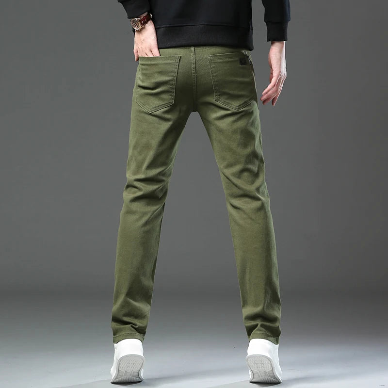 Autumn New Men's Slim Stretch Jeans Fashionable and Versatile Soft Fabric Denim Pants Army Green Coffee Male Brand Trousers