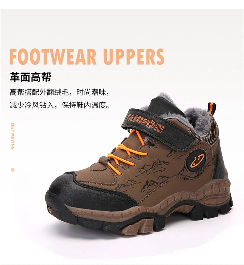 CINESSD Stylish Winter Camp Boys Mountain Climbing Shoes-Durable Hook & Loop Sports Sneakers for Adventurous Kids.