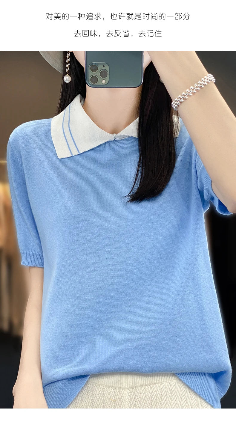 New 100% Pure Cotton Knit Casual Doll collar Pullover Short Women's T-shirt Summer sleeved POLO Neck Loose Fashion Top T-shirt