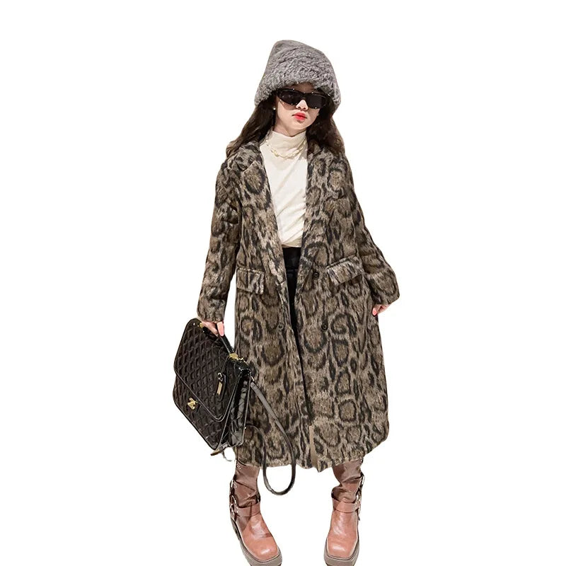 Macamp Teenage Girls' Chic Leopard Print Tweed Coat-Cozy & Stylish Long Outerwear for Autumn/Winter 2023