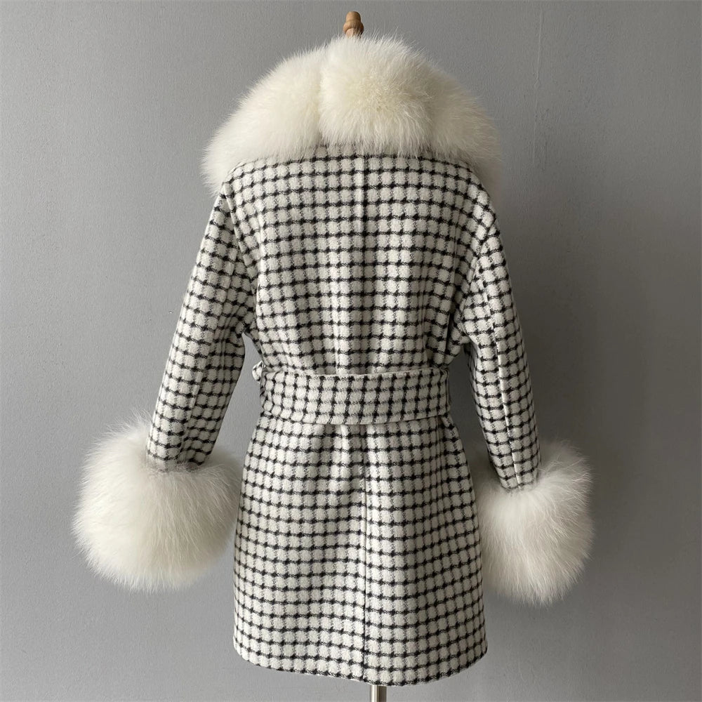 Jxwatcher Girls' Cashmere Wool Winter Coat with Luxurious Real Fox Fur Collar-Mid-Length Fashion Overcoat for Autumn & Casual Wear.