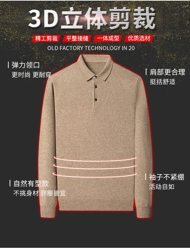 Autumn and Winter New Men's 100 Pure Wool Sweater Lapel Pullover T-shirt Polo Collar Wool Knitted Long Sleeve Fashion Sweater