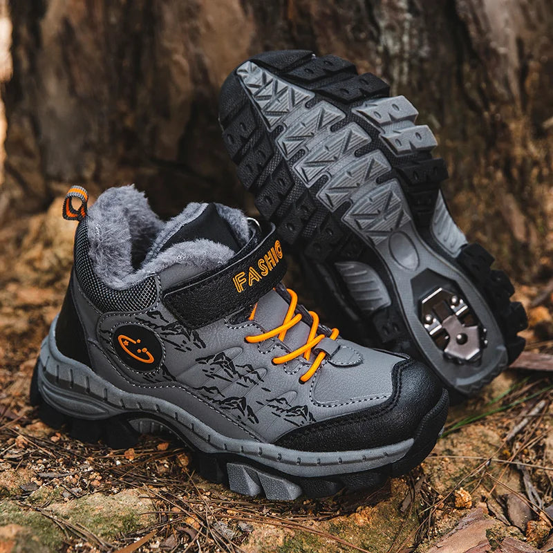 CINESSD Stylish Winter Camp Boys Mountain Climbing Shoes-Durable Hook & Loop Sports Sneakers for Adventurous Kids.