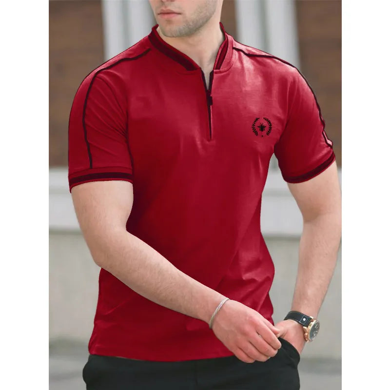 High Quality Summer Men's New T-shirt Stand Neck Zipper Casual Short Sleeve.