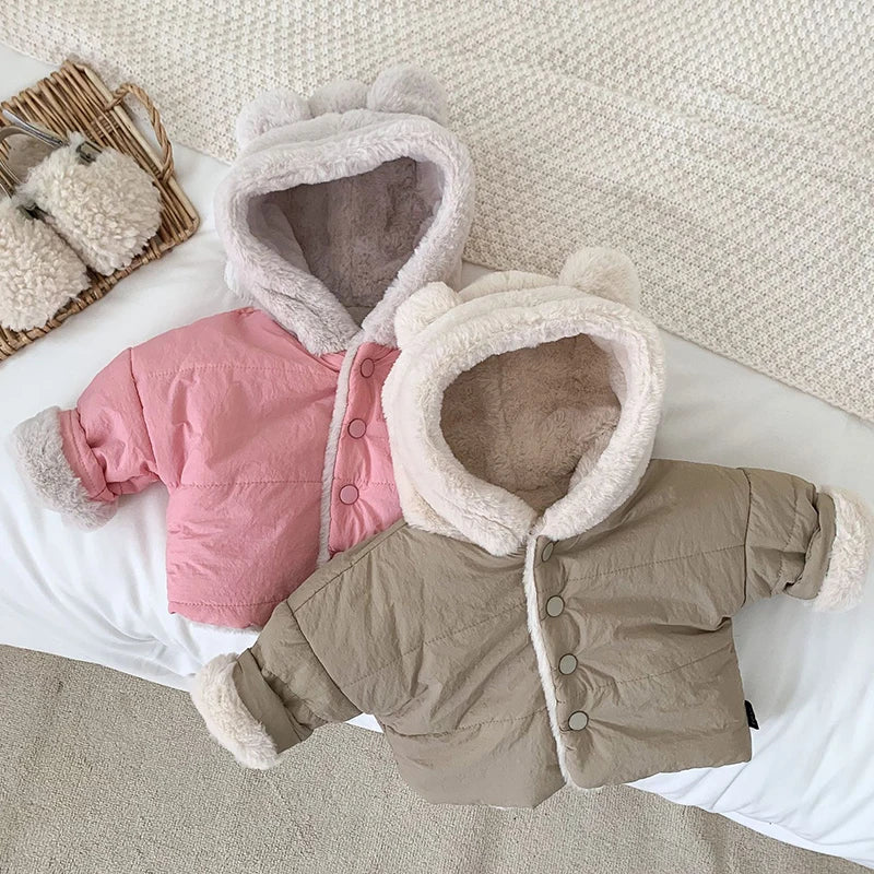 Kids-Baby Girl Winter Clothes Jacket Thick Cartoon Bear Hooded Lamb Collar Infant Child Warm Cotton Coat.