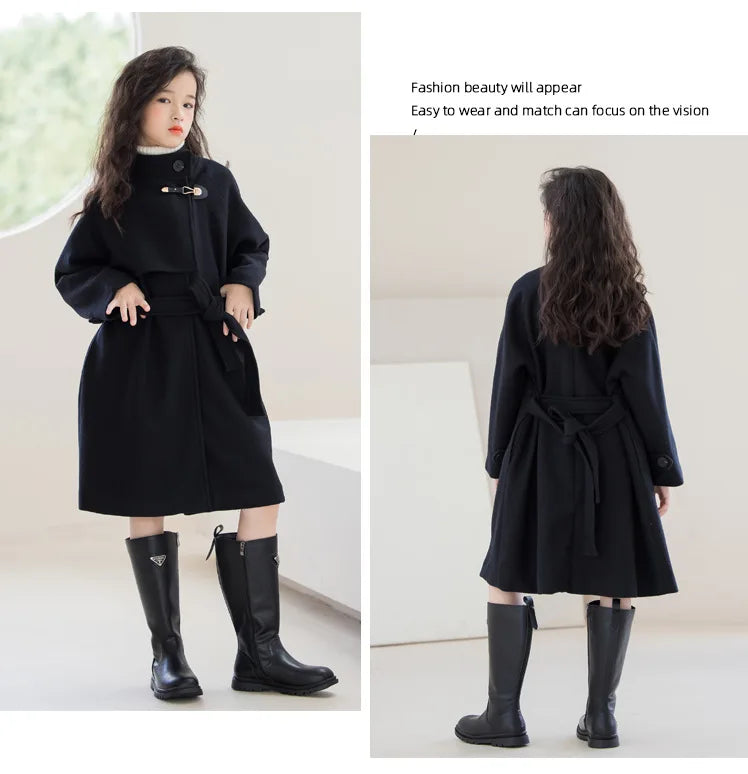 Girls' Elegant Black Mid-length Double-Face Tweed Overcoat-Stylish Winter Wool Outerwear for Ages 10-14.