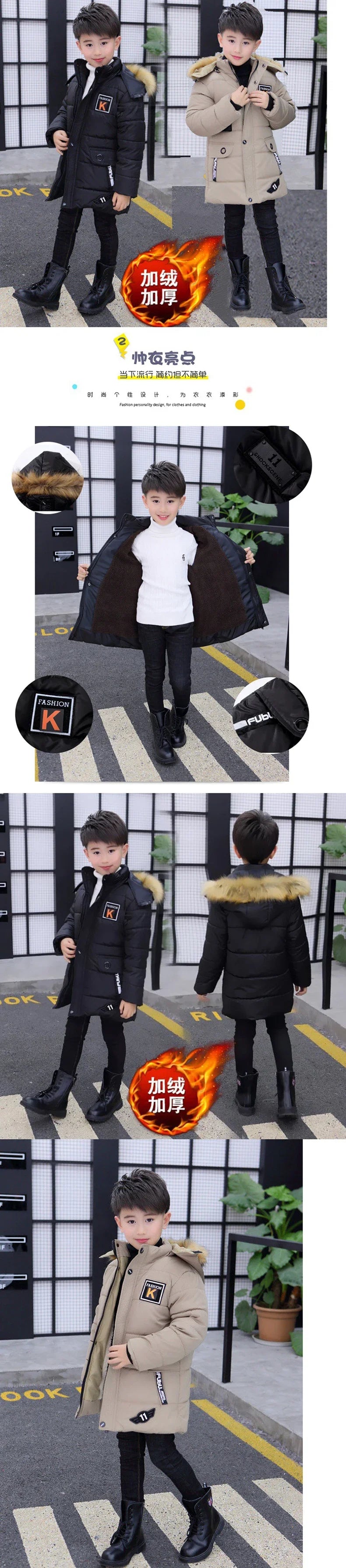 NoEnName_Null Boys' Hooded Plus Velvet Jacket-Warm Mid-Length Coat for Ages 4-10.