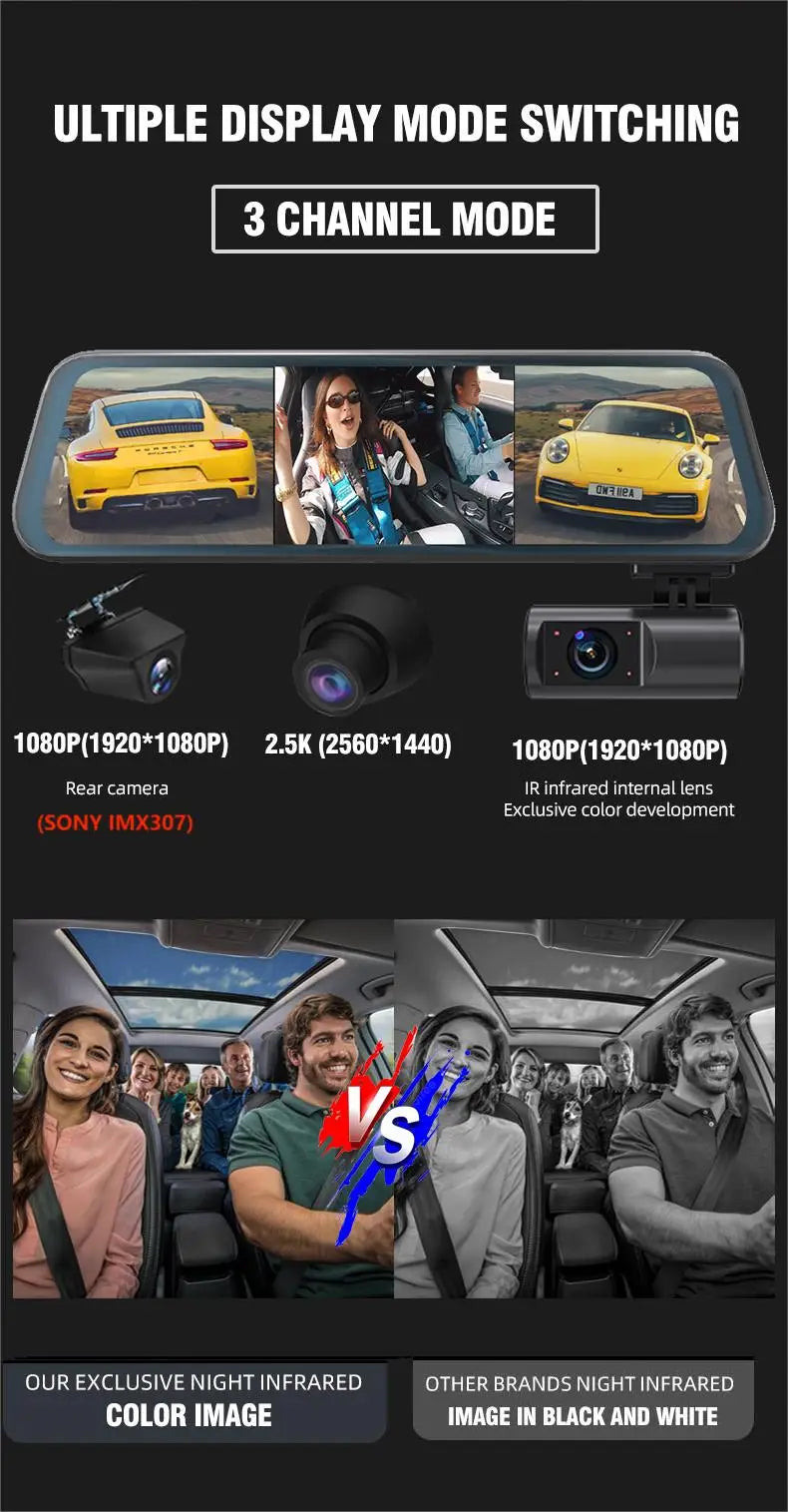 Aprilboy 10‘’ 3 Cameras 2.5K Mirro car Dash Cam Rearview Mirror Infrared Night vision loop recording Streaming media WIFI dvrcar