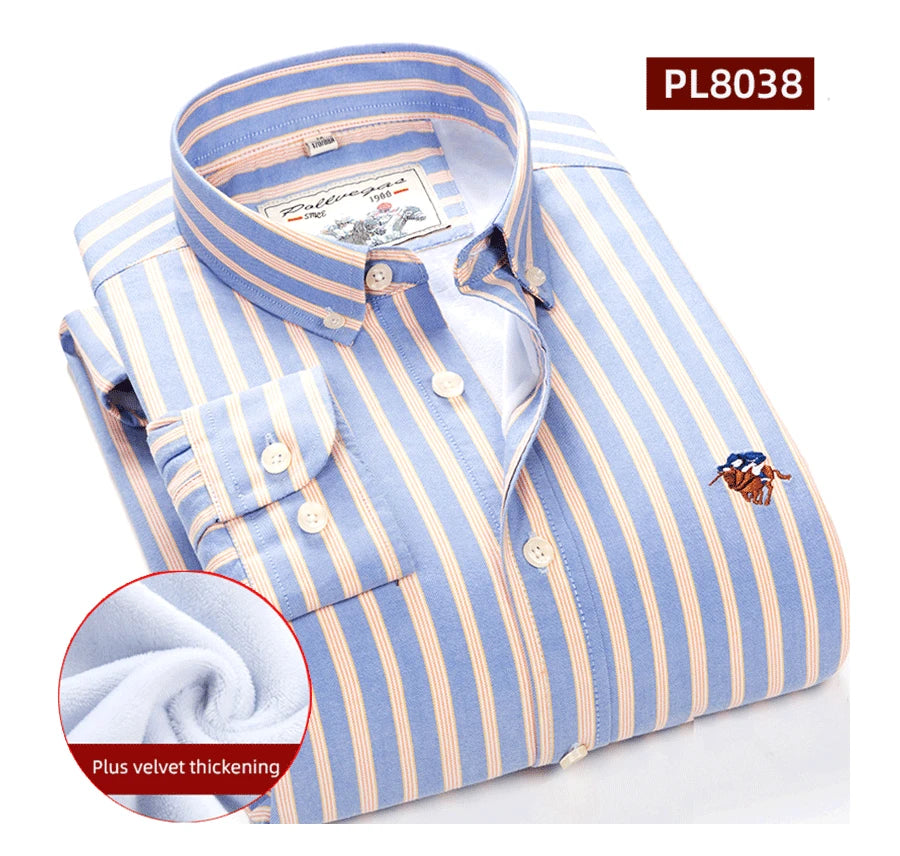 Warm 100% Cotton Men's Shirts Plus Size 8XL Long Sleeve for Office Polo Soft Striped Top with Plush Thickening for Winter