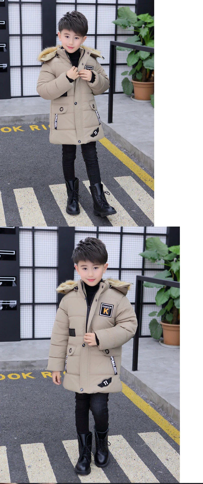 NoEnName_Null Boys' Hooded Plus Velvet Jacket-Warm Mid-Length Coat for Ages 4-10.