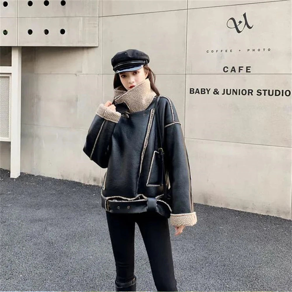 Black Faux Lamb Leather Jacket with Belt for Women Streetwear Moto Biker Short Coat for Autumn Winter