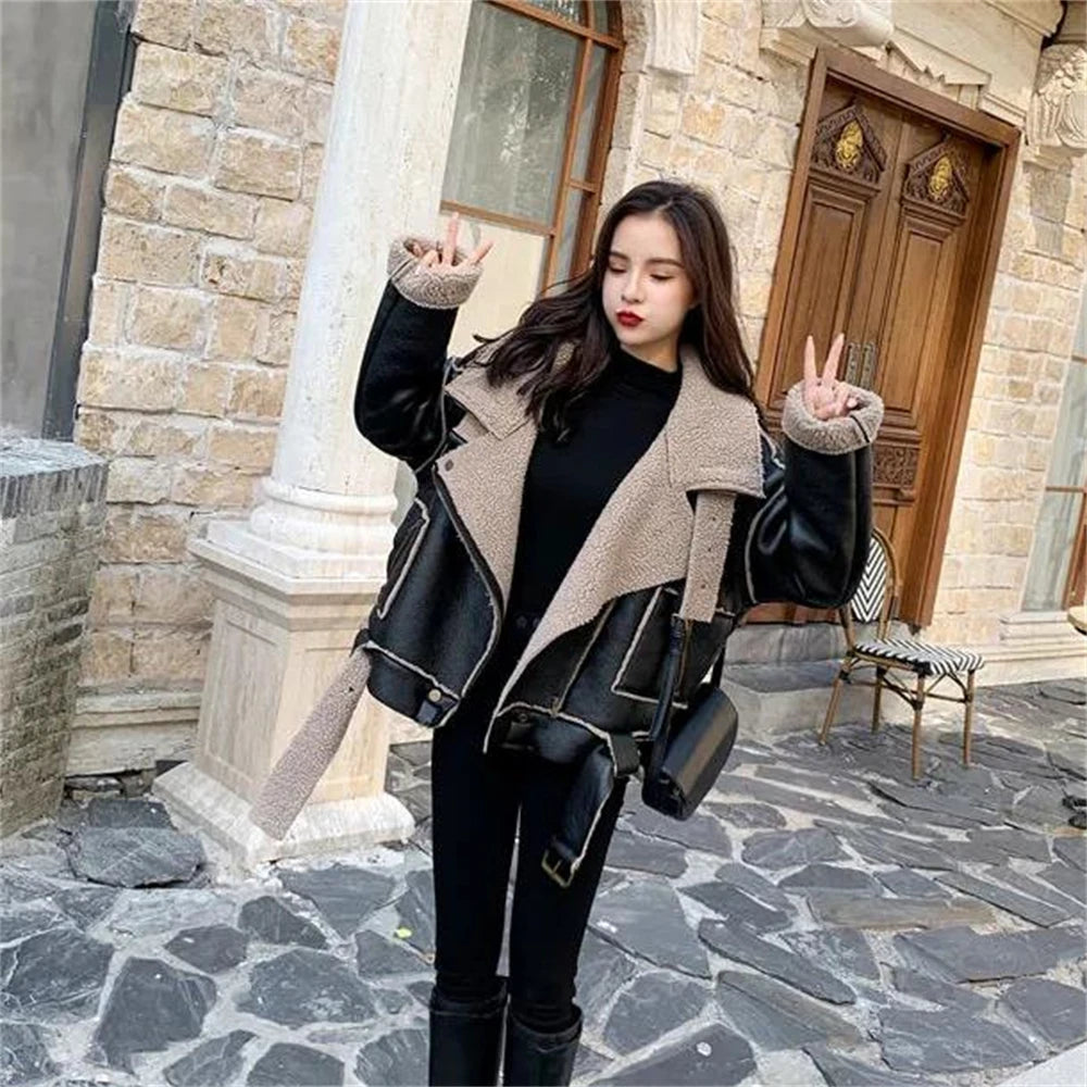 Black Faux Lamb Leather Jacket with Belt for Women Streetwear Moto Biker Short Coat for Autumn Winter