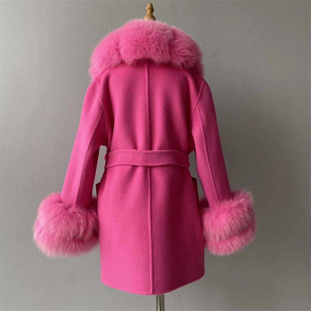 Jxwatcher Girls' Cashmere Wool Winter Coat with Luxurious Real Fox Fur Collar-Mid-Length Fashion Overcoat for Autumn & Casual Wear.