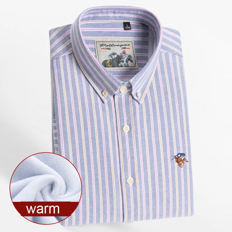 Warm 100% Cotton Men's Shirts Plus Size 8XL Long Sleeve for Office Polo Soft Striped Top with Plush Thickening for Winter