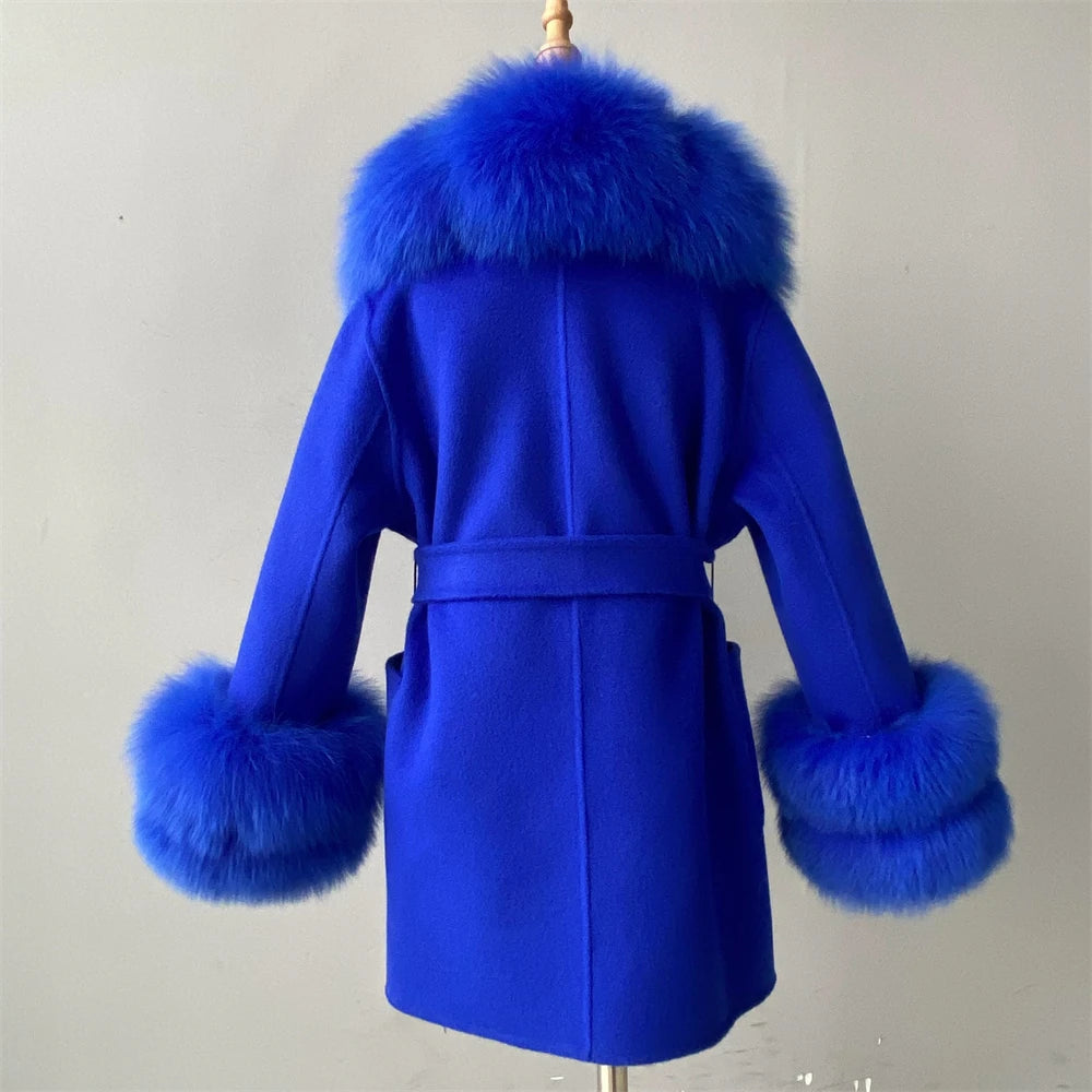 Jxwatcher Girls' Cashmere Wool Winter Coat with Luxurious Real Fox Fur Collar-Mid-Length Fashion Overcoat for Autumn & Casual Wear.