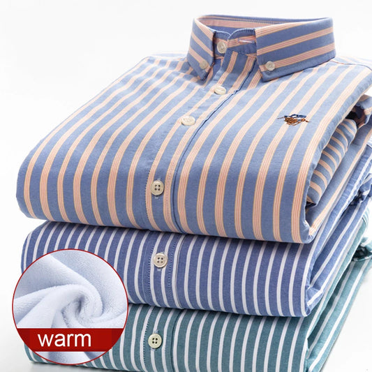 Warm 100% Cotton Men's Shirts Plus Size 8XL Long Sleeve for Office Polo Soft Striped Top with Plush Thickening for Winter