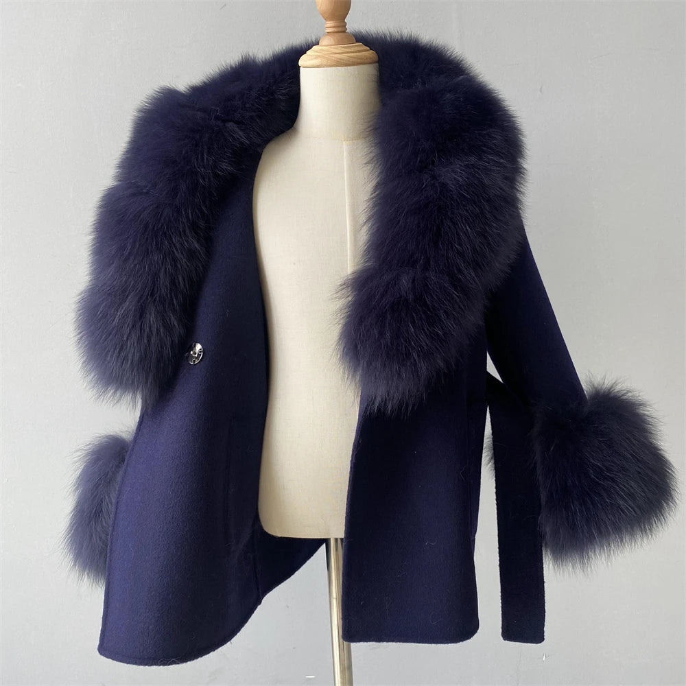 Jxwatcher Girls' Cashmere Wool Winter Coat with Luxurious Real Fox Fur Collar-Mid-Length Fashion Overcoat for Autumn & Casual Wear.