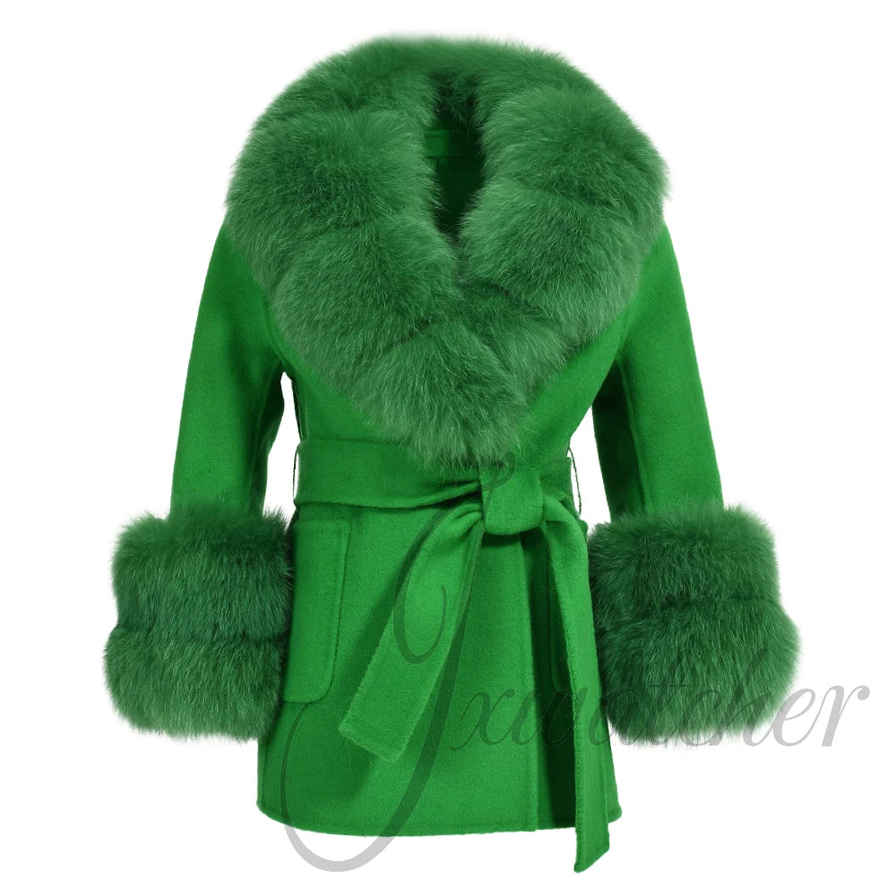 Jxwatcher Girls' Cashmere Wool Winter Coat with Luxurious Real Fox Fur Collar-Mid-Length Fashion Overcoat for Autumn & Casual Wear.