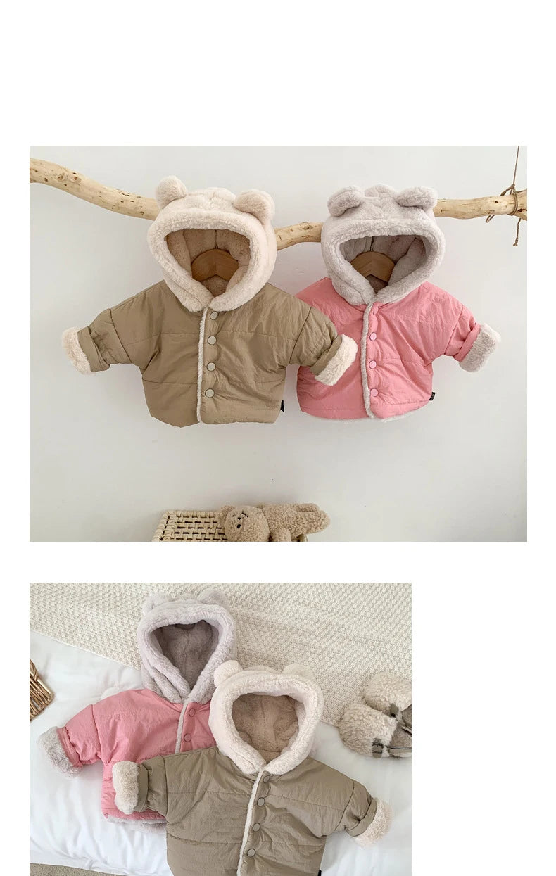 Kids-Baby Girl Winter Clothes Jacket Thick Cartoon Bear Hooded Lamb Collar Infant Child Warm Cotton Coat.