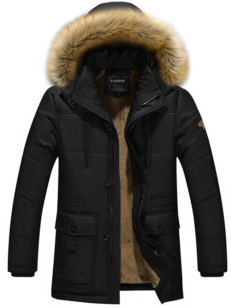 2024 Traf Men's Winter Fashion Hooded Cotton-Padded Jacket with Raccoon Collar-Medium Length, Plus Size, Fleece-Line Ultimate Comfort.